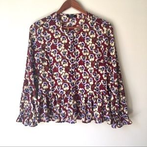 Madewell Women’s Ruffled Floral Top Pansy Print Long Sleeve Size Small